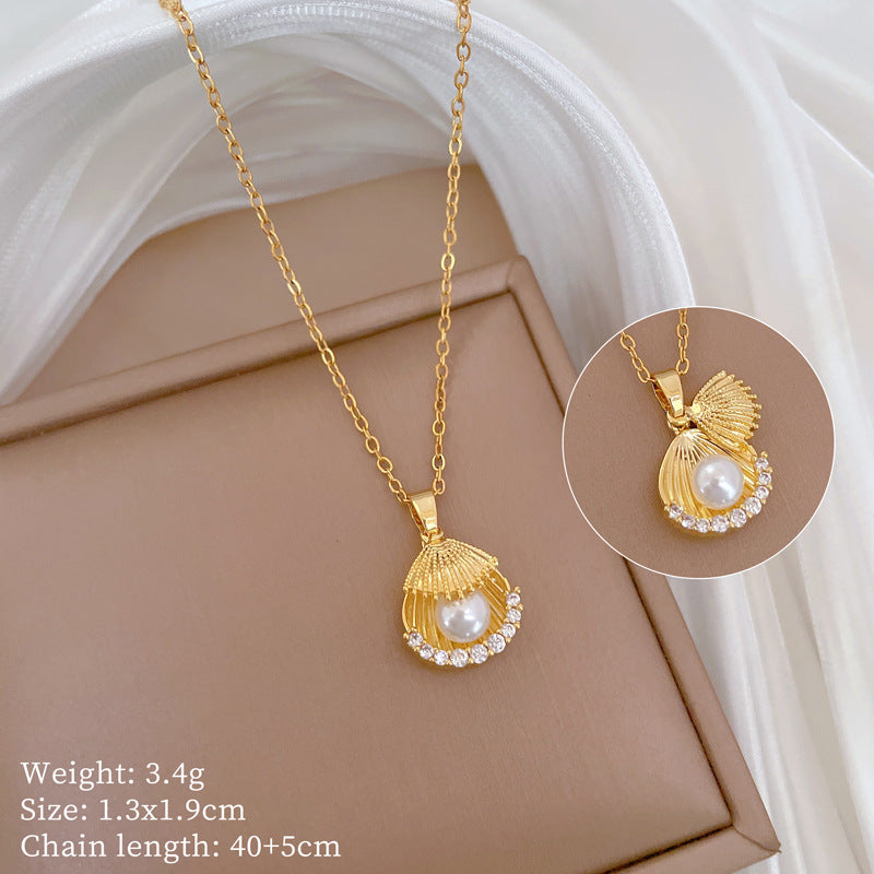 Sweet Elegant Geometric Moon Titanium Steel Necklace with Pearl Shell and Rhinestone Plated Cable Chain for Unisex
