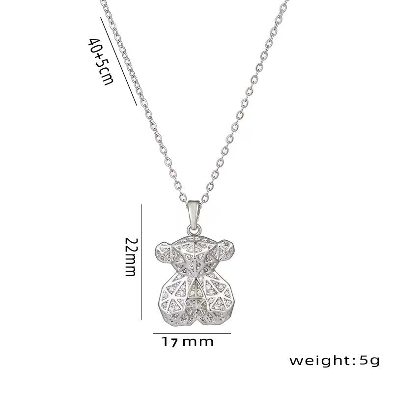 Minimalist Bear Pendant Necklace in Titanium Steel with Rhinestone Inlay on O-Chain for Women