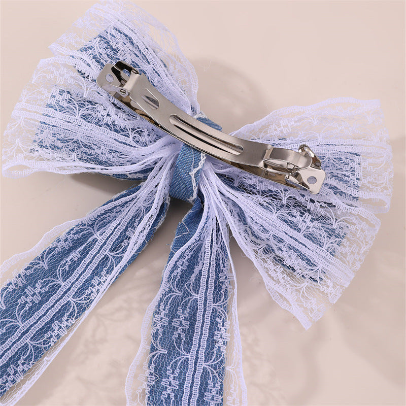 Dolce fermaglio per capelli a forma di fiocco con nastro blu e tessuto in tulle per bambine, fermaglio a molla in stile principessa
