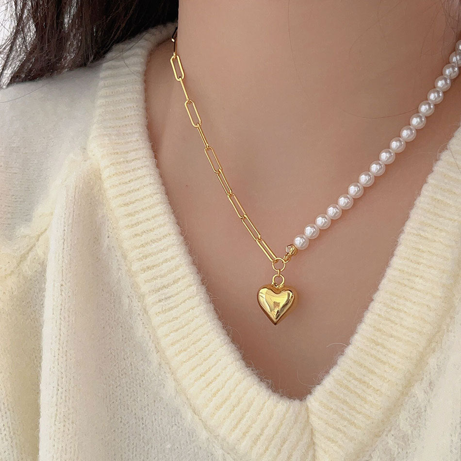Sweet 925 Sterling Silver Heart Necklace with Crystal and Pearl Inlay for Women