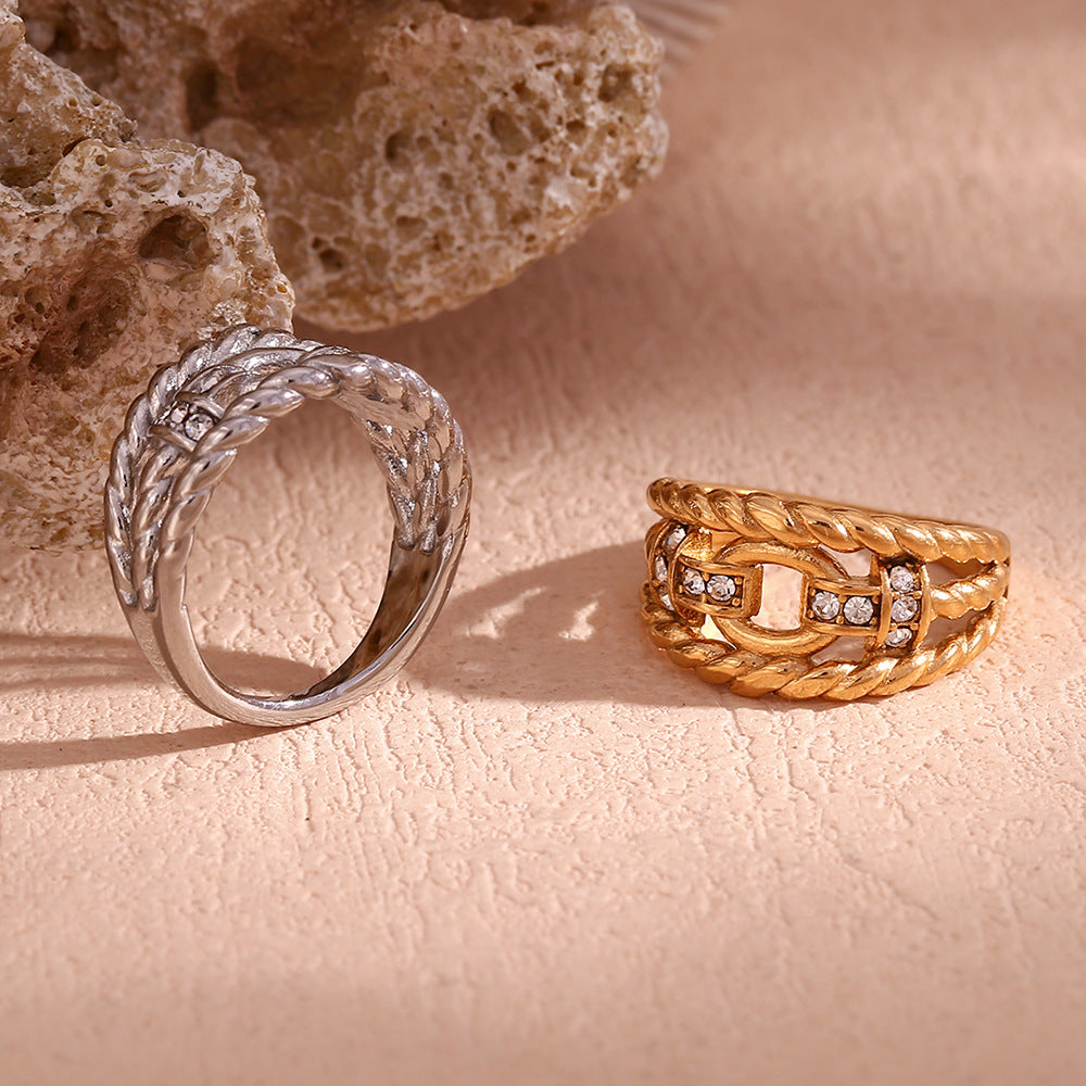 Creative Geometric Stainless Steel Ring with 18K Gold Plating, Rhinestone Inlay, Twisted Hollow Design for Women