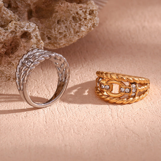 Creative Geometric Stainless Steel Ring with 18K Gold Plating, Rhinestone Inlay, Twisted Hollow Design for Women