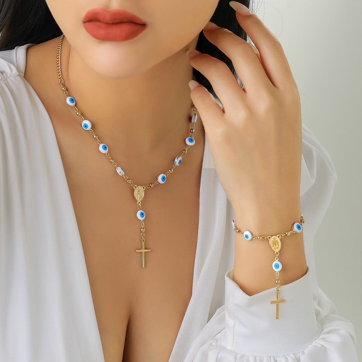 Bohemian Vintage Evil Eye Cross Pendant Alloy Plated Necklace with Curb Chain for Women