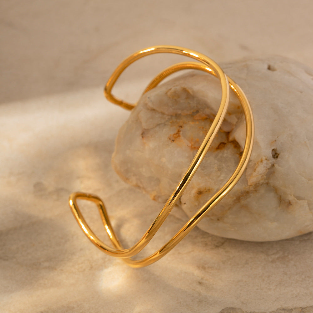 INS Style Geometric Textured Wide Cuff Bracelet for Women Made of Stainless Steel with 18K Gold Plating