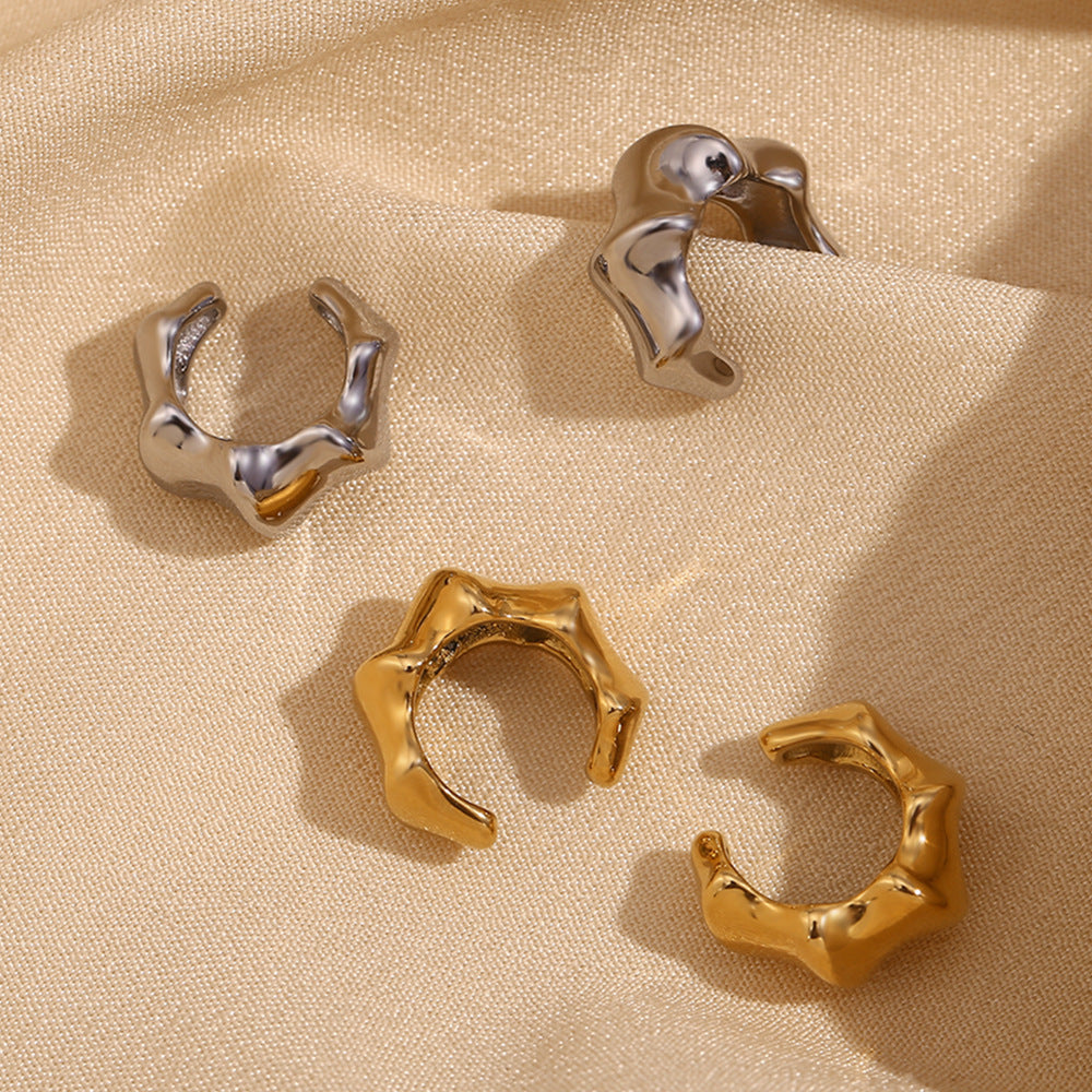 Fashionable Minimalist Geometric Bamboo-Shaped Stainless Steel Ear Clips for Women with 18K Gold Plating