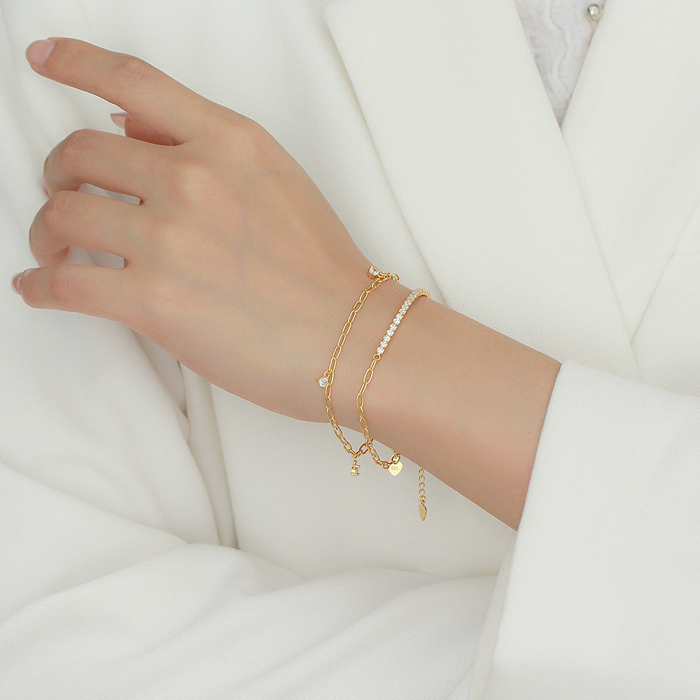 Sweet Minimalist 925 Sterling Silver Geometric Plated Bracelet with Diamond Inlay for Women