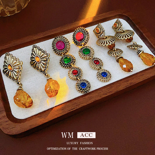 Vintage Geometric Stud Earrings in Brass with Plated Finish for Women French Court Style Artistic Retro Ear Jewelry