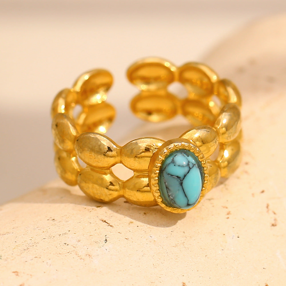 Anello Minimalista Geometrico da Donna in Acciaio Inossidabile Placcato Oro 18K con Intarsio Turchese