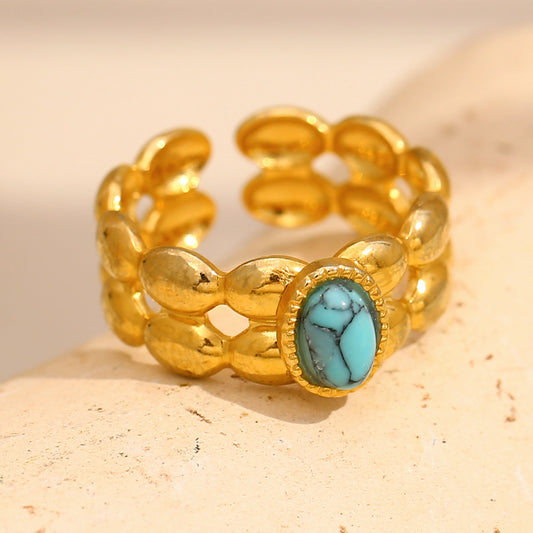 Anello Minimalista Geometrico da Donna in Acciaio Inossidabile Placcato Oro 18K con Intarsio Turchese