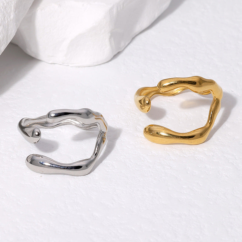 Irregular Geometric Stainless Steel Open Ring for Women with Plated Finish, Instagram Style Minimalist Fashion Jewelry