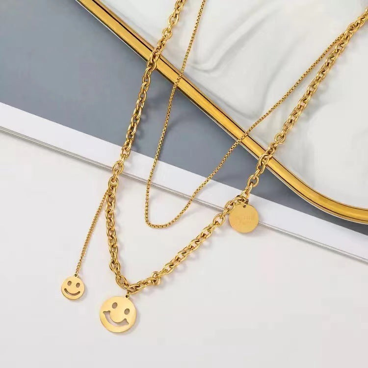 Cute Geometric Smiley Face Double-Layer Titanium Steel Necklace for Women with Plated Finish and Cross Chain Style
