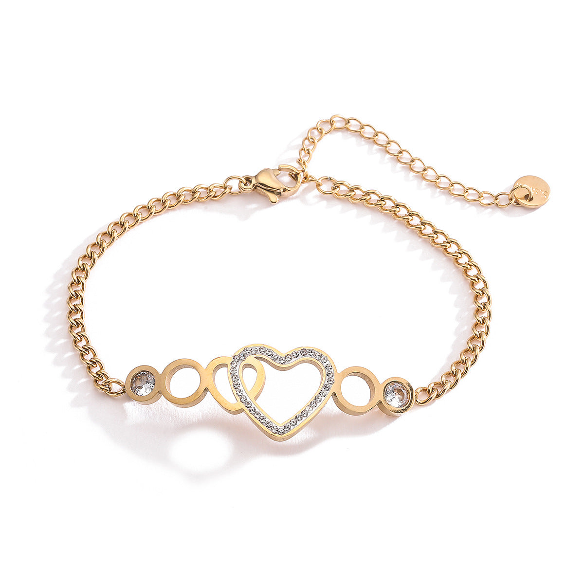 Bracciale da donna in acciaio inossidabile placcato oro 18K con zirconi incastonati a forma di cuore geometrico minimalista