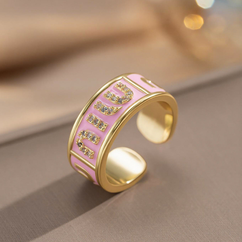 Fashion Luxury Geometric Irregular Enamel Zircon 18K Gold Plated PVD Copper Open Ring for Unisex