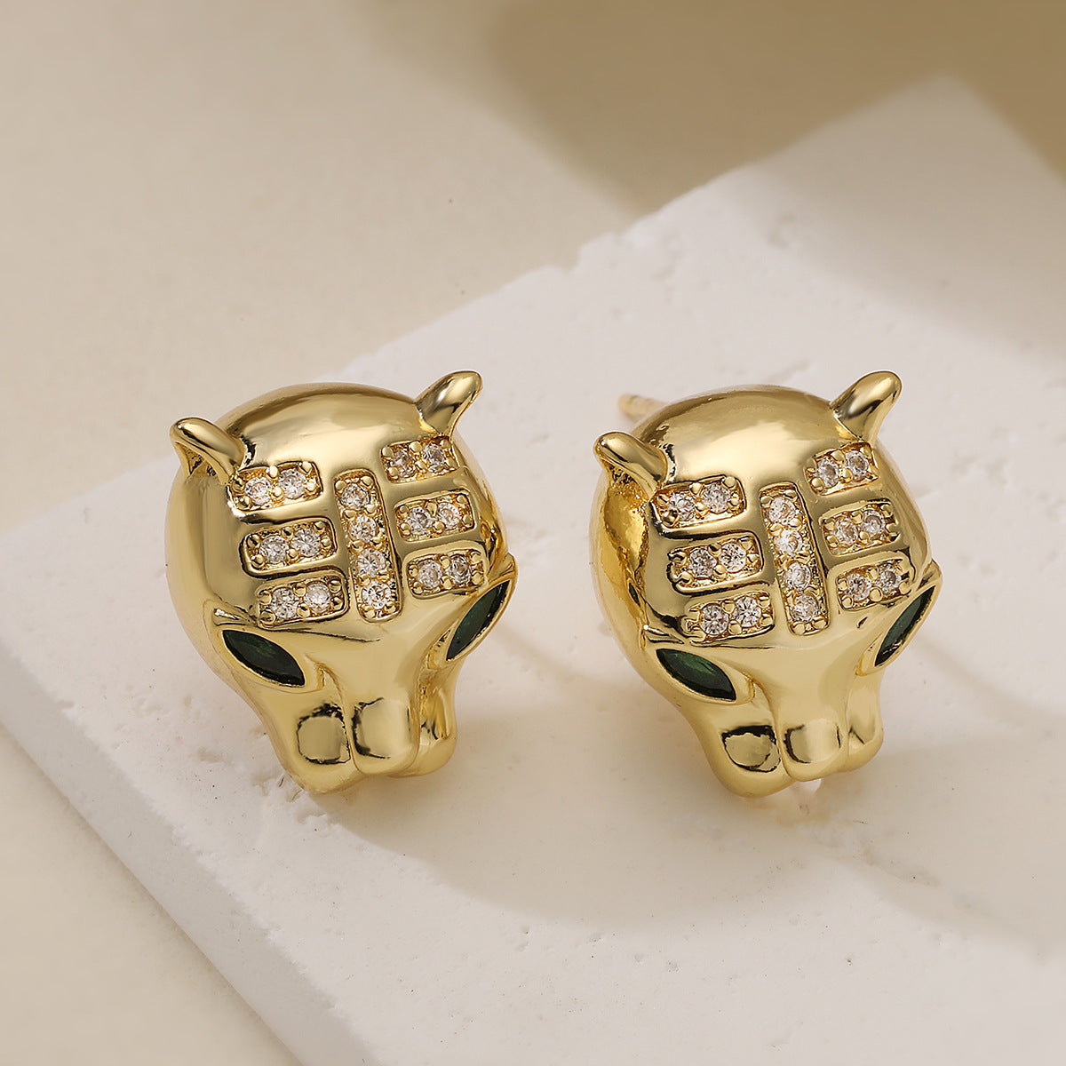 Minimalist 18K Gold Plated Brass Geometric Leopard Head Stud Earrings with Cubic Zirconia for Women