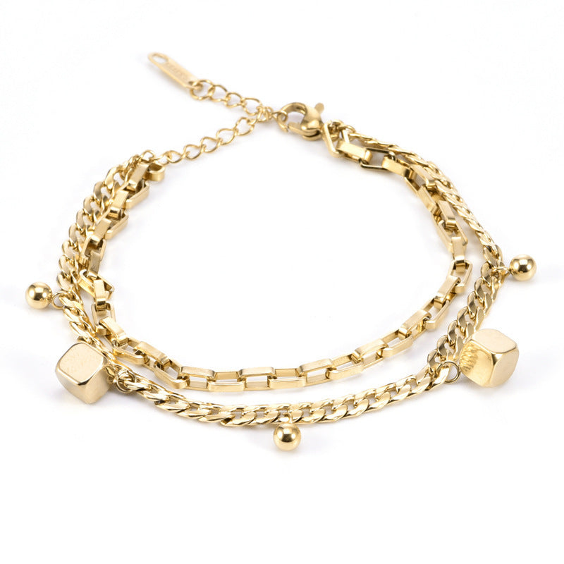 Fashion Titanium Steel Geometric Double Layer Bracelet for Women with Gold Plating and Lucky Beads