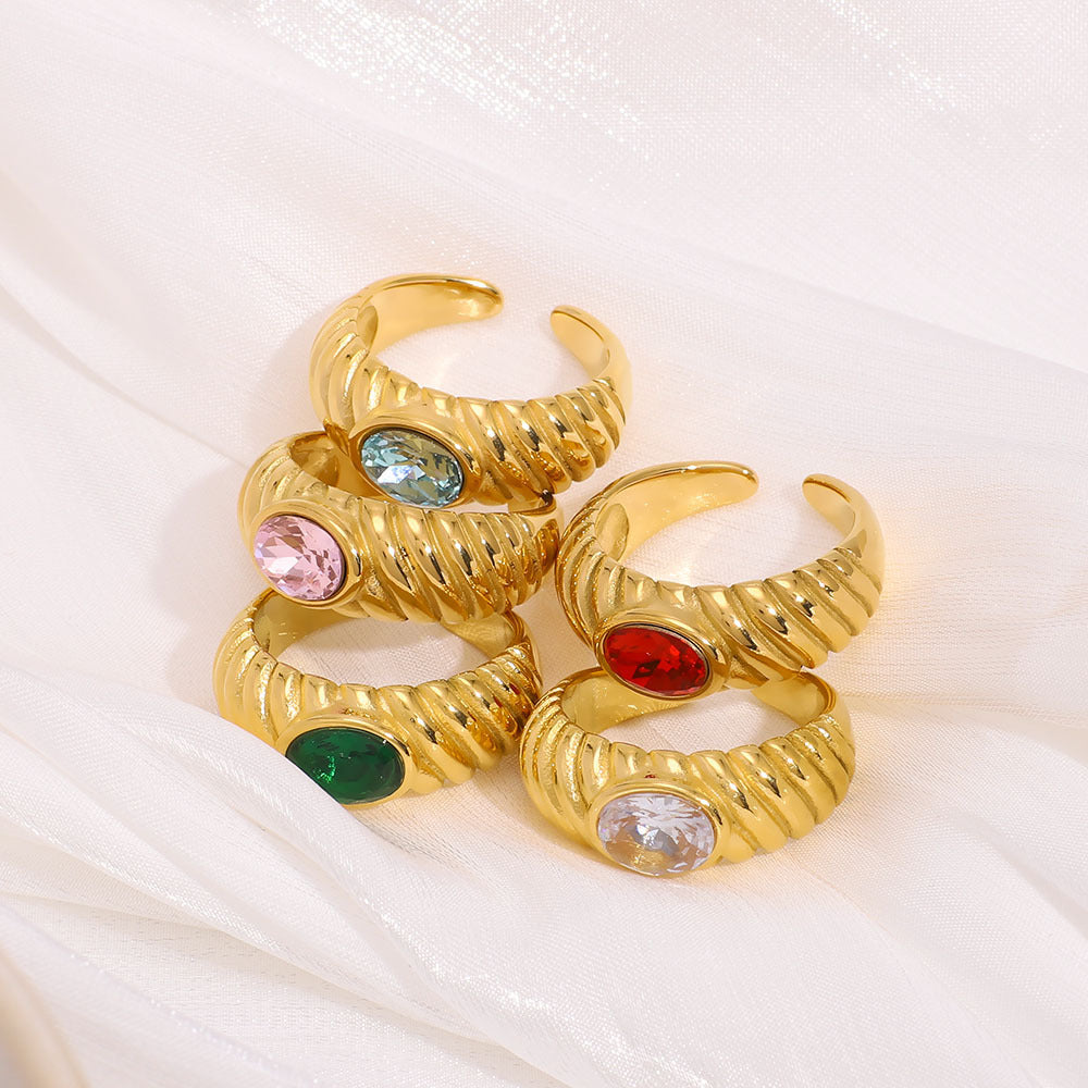 Vintage-Style Geometric Stainless Steel Ring with 18K Gold Plating and Multicolor Zircon Inlay for Women