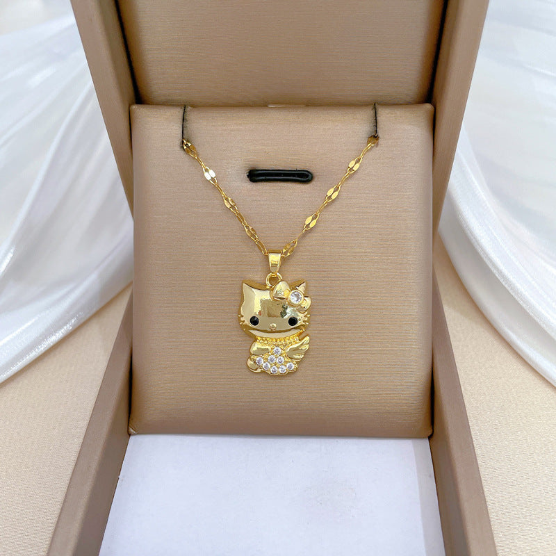 Collana con Pendente Lusso Ali Gatto Strass in Acciaio al Titanio Stile Geometrico Unisex