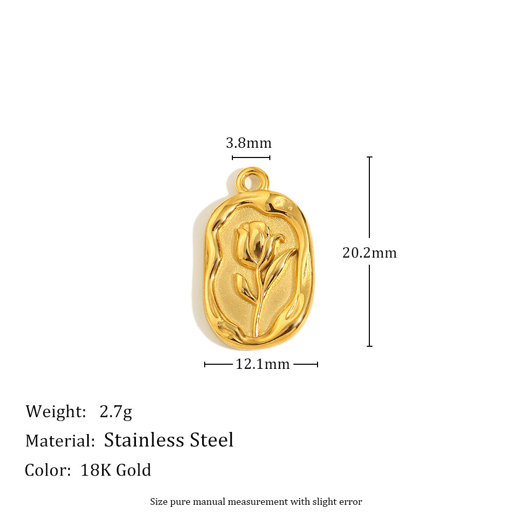 18K Gold Plated Stainless Steel Heart Pendant with Floral Rhinestone Charm Bar for Women