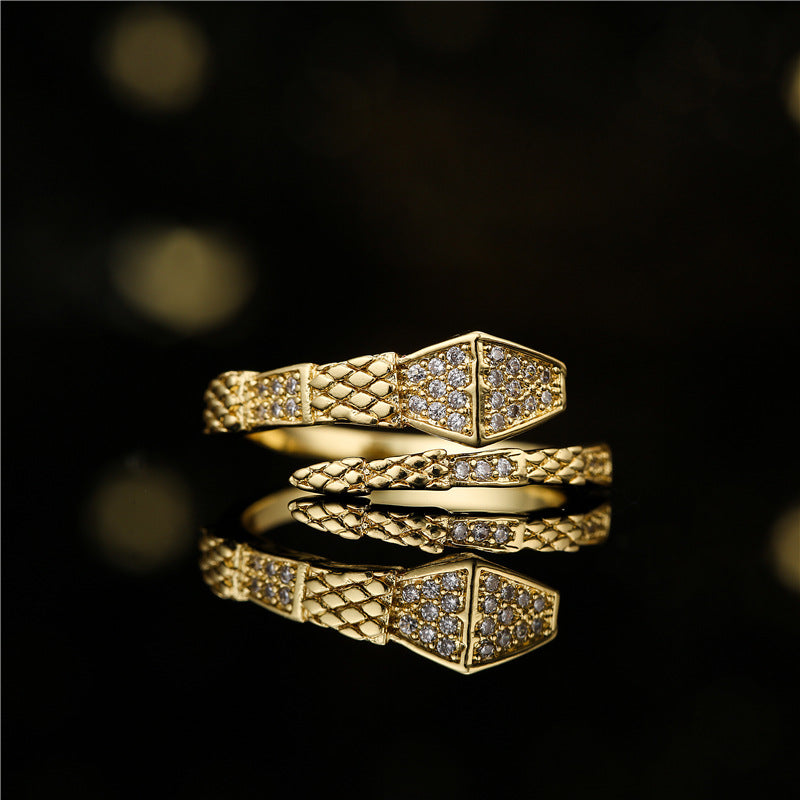 Vintage Bamboo-Style Open Ring with AAA Zirconia Micro-Pavé Setting in Copper Plated with 18K Gold for Women