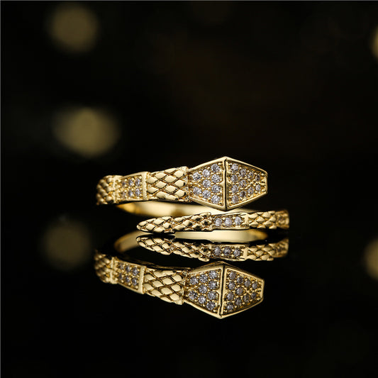 Anillo Abierto Estilo Bambú Vintage con Microengaste Pavé de Zirconia AAA en Cobre Bañado en Oro de 18K para Mujer