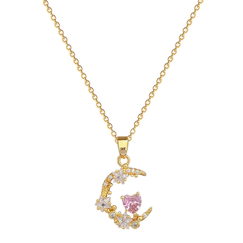 Collar con colgante de lujo de acero de titanio dulce y fresco con forma de corazón, estrella y luna de diamantes de imitación para unisex