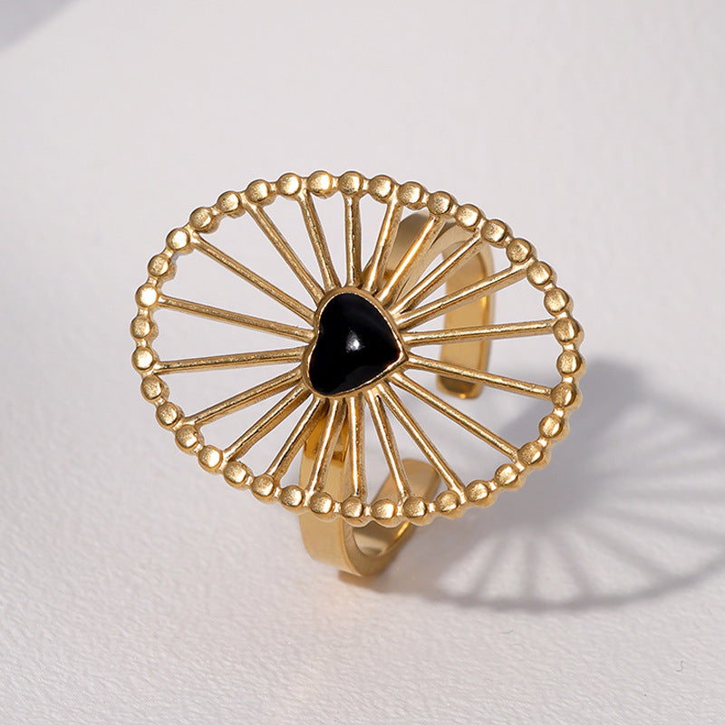 Anello Minimalista Geometrico da Donna in Acciaio Inossidabile Smaltato con Fascia Aperta e Dettaglio a Cuore