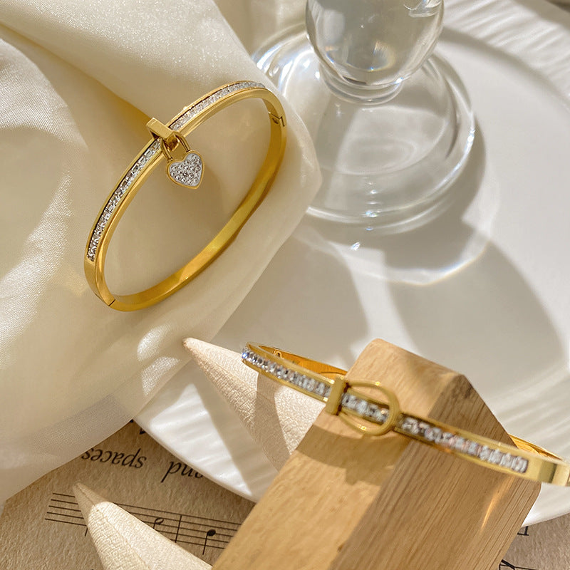 Micro-Paved Diamond Heart Lock Titanium Steel Bracelet for Women