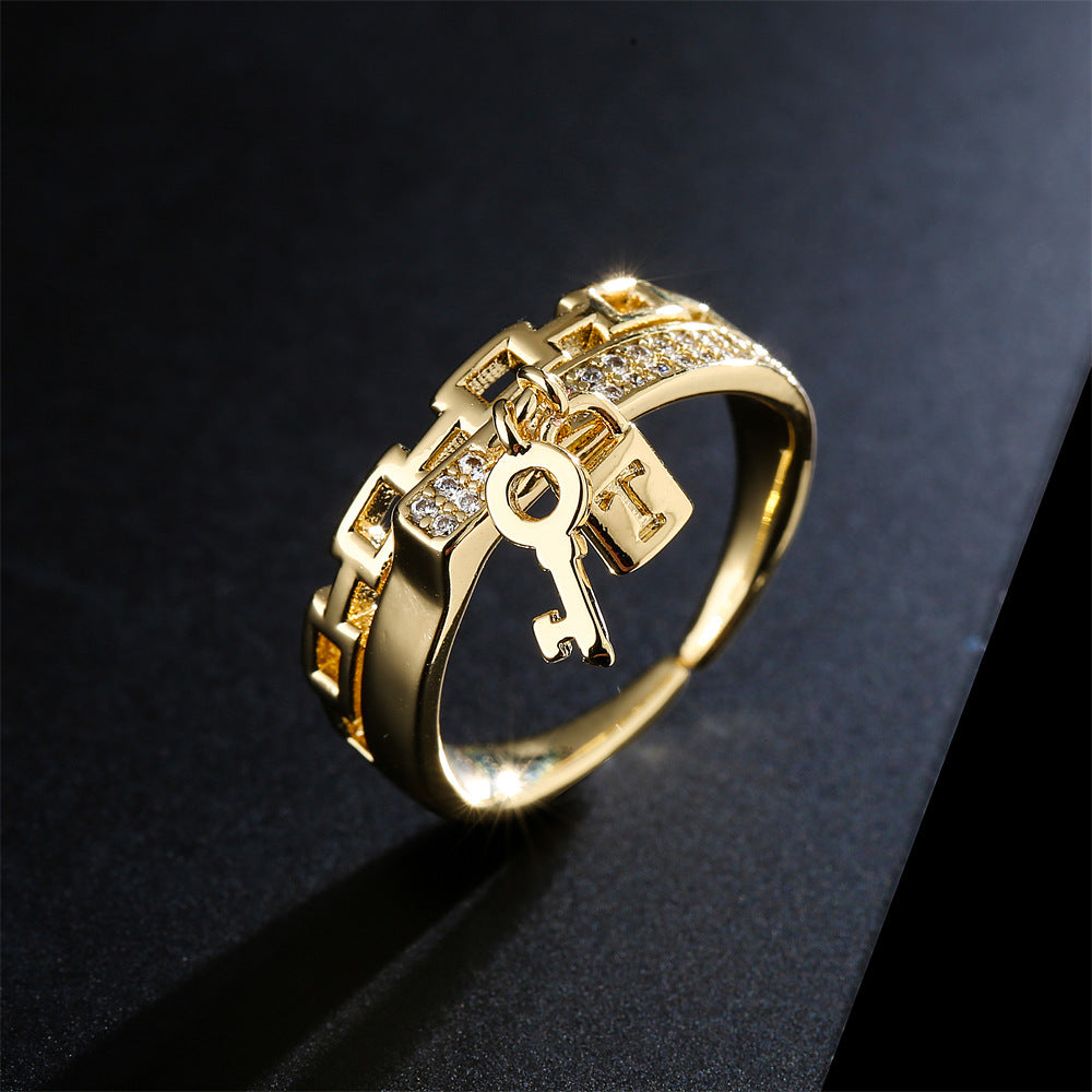Geometric Open Key Lock Ring for Women in Copper with 18K Gold Plating and Micro-Pave Zirconia
