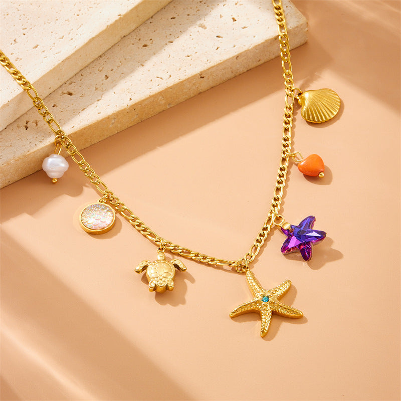 Elegant Colorful Fish Scale Star Animal Rhinestone Inlay Stainless Steel Pendant Necklace with Turtle and Shell Charms