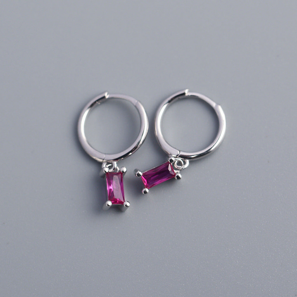 Minimalist 925 Sterling Silver Rectangle Geometric Inlaid Cubic Zirconia Hoop Earrings