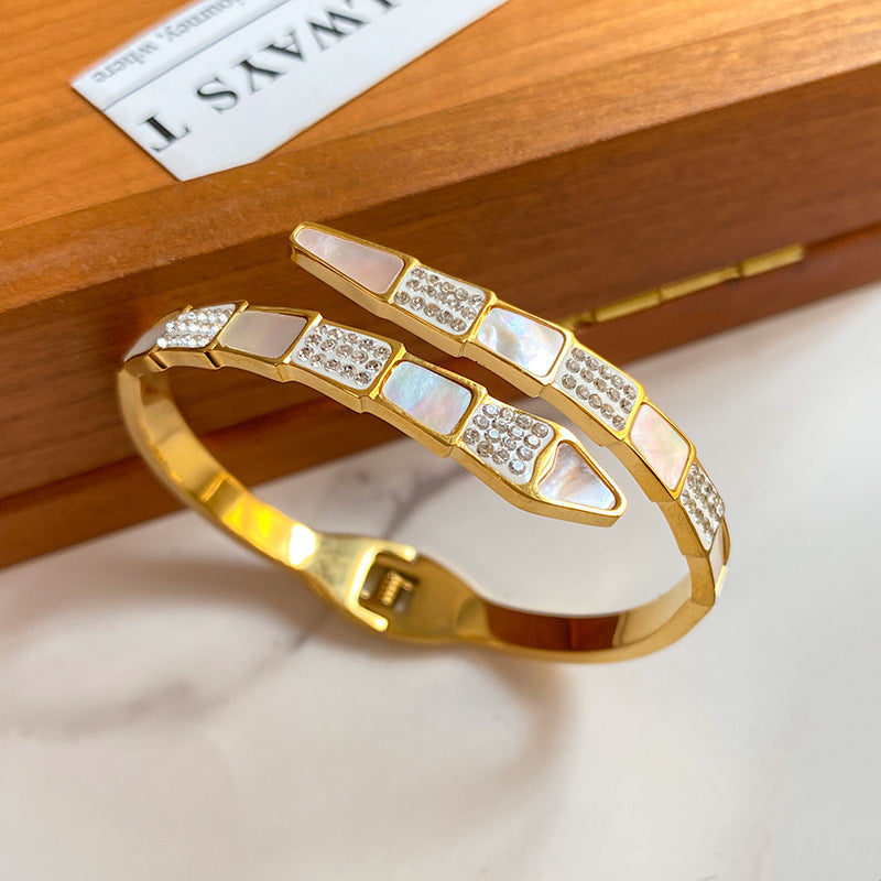 Minimalist Snake Shape Micro-Inlaid Cubic Zirconia Titanium Steel Snake Chain Bracelet
