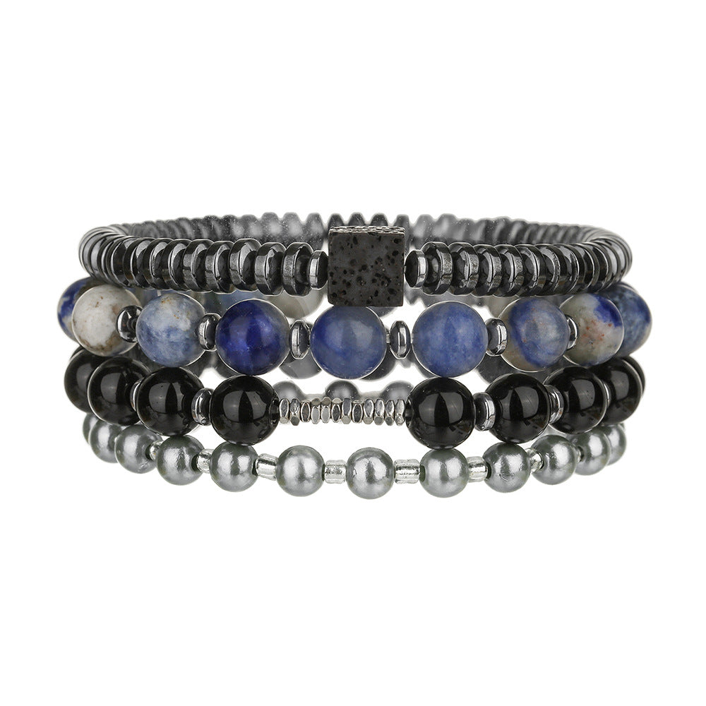 Vintage Men's Geometric Hand-beaded Bracelet with Black Agate, Hematite and Pearl Beads