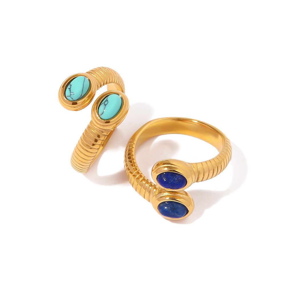 Minimalist Geometric Stainless Steel Ring with 18K Gold Plating and Lapis Lazuli Inlay Snake Design