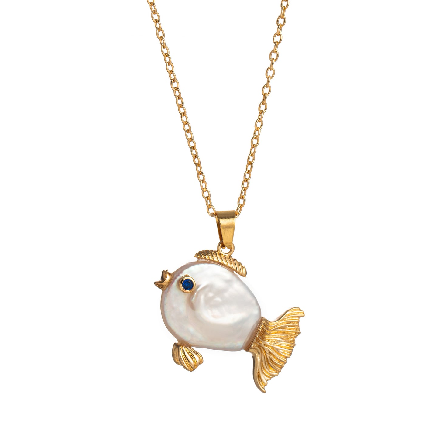 Collana Vintage Pesce Pagliaccio con Accenti di Perle Naturali e Ciondolo in Acciaio al Titanio su Catena in Rame Elettroplaccato