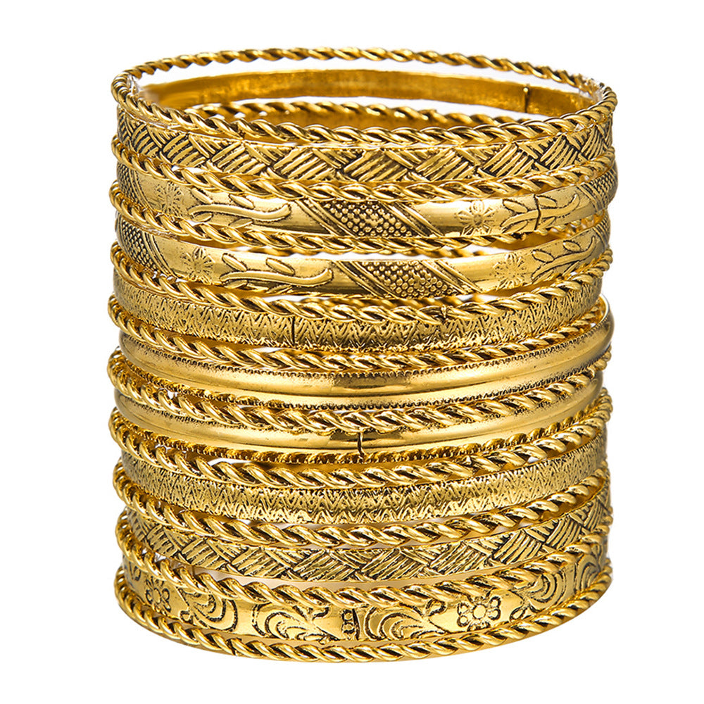Vintage Ethnic Geometric Round Gold Plated Alloy Bracelet Set