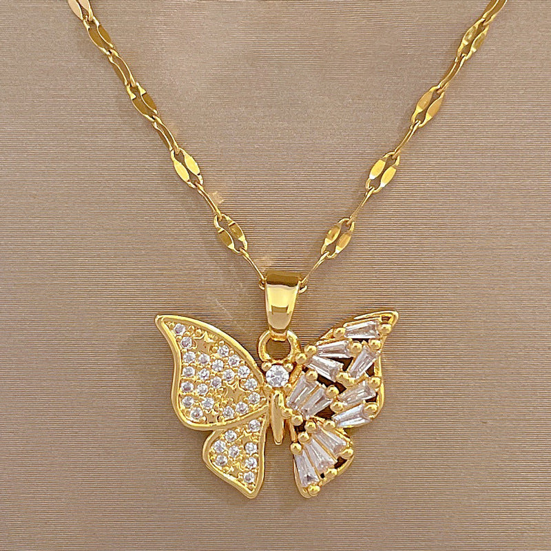 Luxury Titanium Steel Butterfly Pendant Necklace and Earrings Set with Micro-Pavé Detail for Women Elegant Party Jewelry