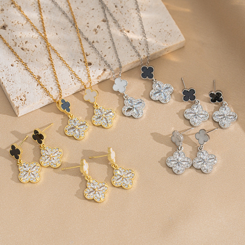 Elegant Four-Leaf Clover Earrings in Titanium Steel with Rhinestone Inlay for Women