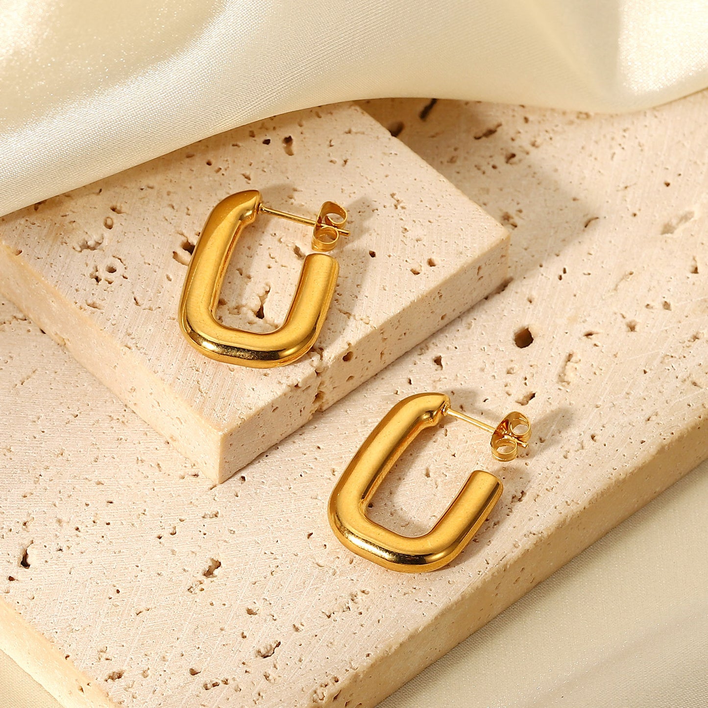 Trendy Geometric Square Open Hoop Earrings 18K Gold Plated Titanium Steel for Women