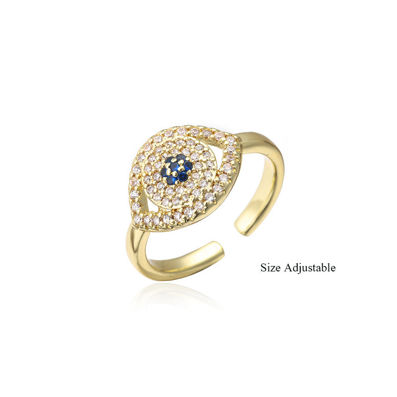 Gold Plated Brass Micro-inlay Cubic Zirconia Evil Eye Adjustable Ring for Women