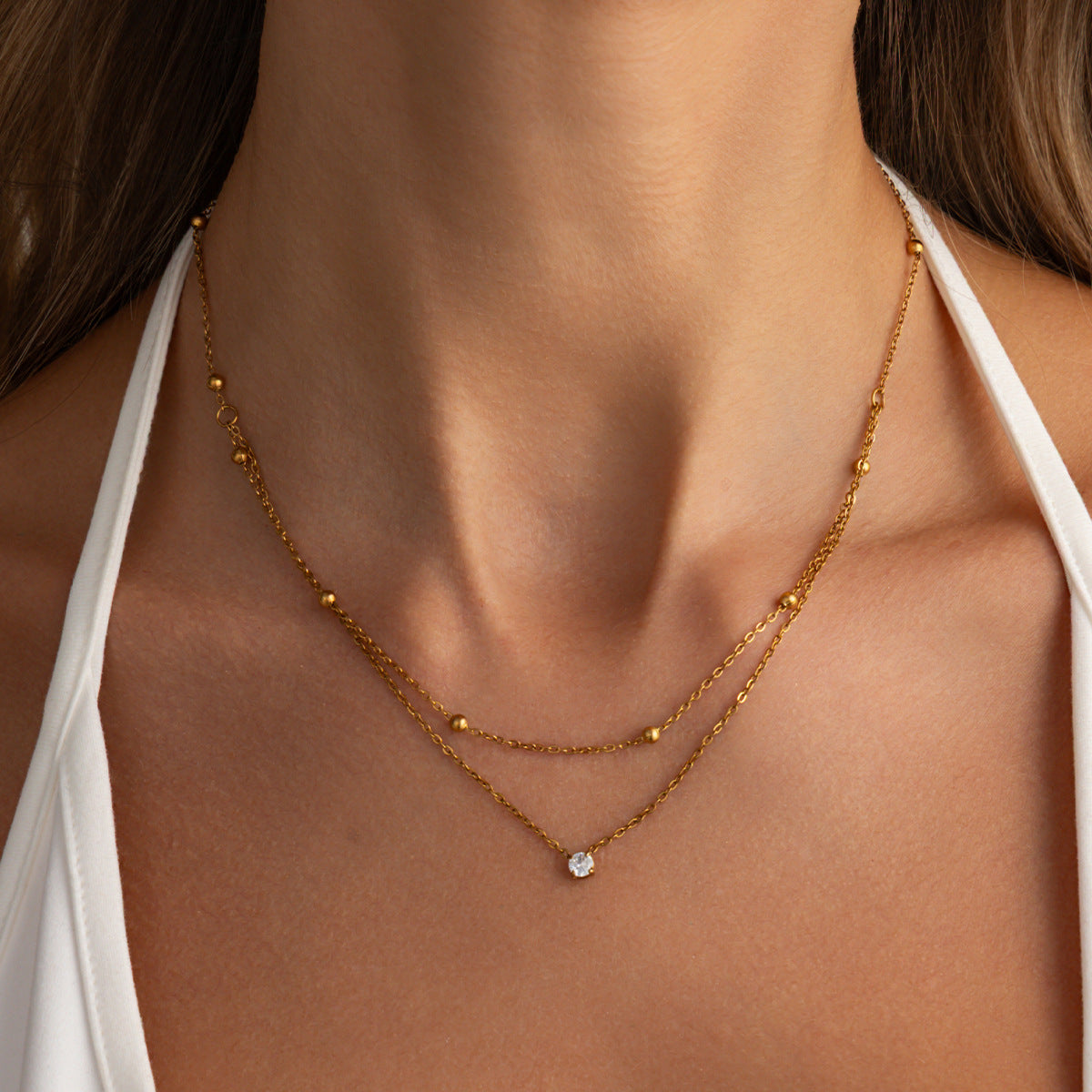 Luxury Geometric Stainless Steel Pendant Necklace with Cubic Zirconia Inlay PVD Plated Double Layer Chain for Women