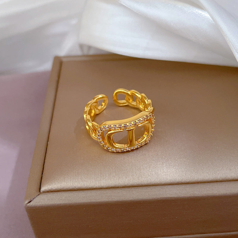Anillo abierto ajustable minimalista para mujer con forma de corona, banda de latón e incrustaciones de circonita, joyería de moda en tonos fríos