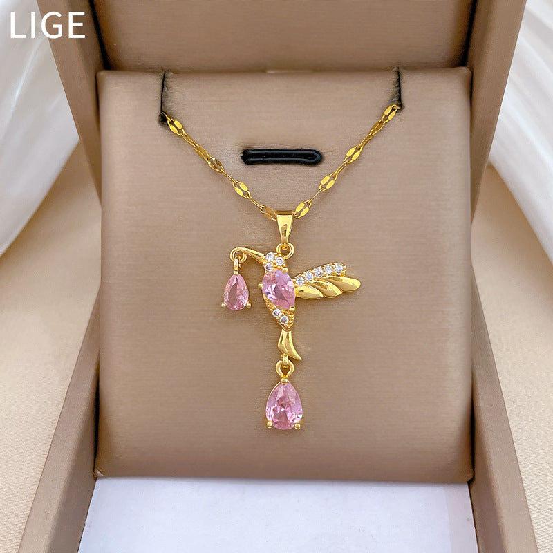 Sweet Geometric Cartoon Swallow Rhinestone Pendant Necklace Titanium Steel Cable Chain for Unisex