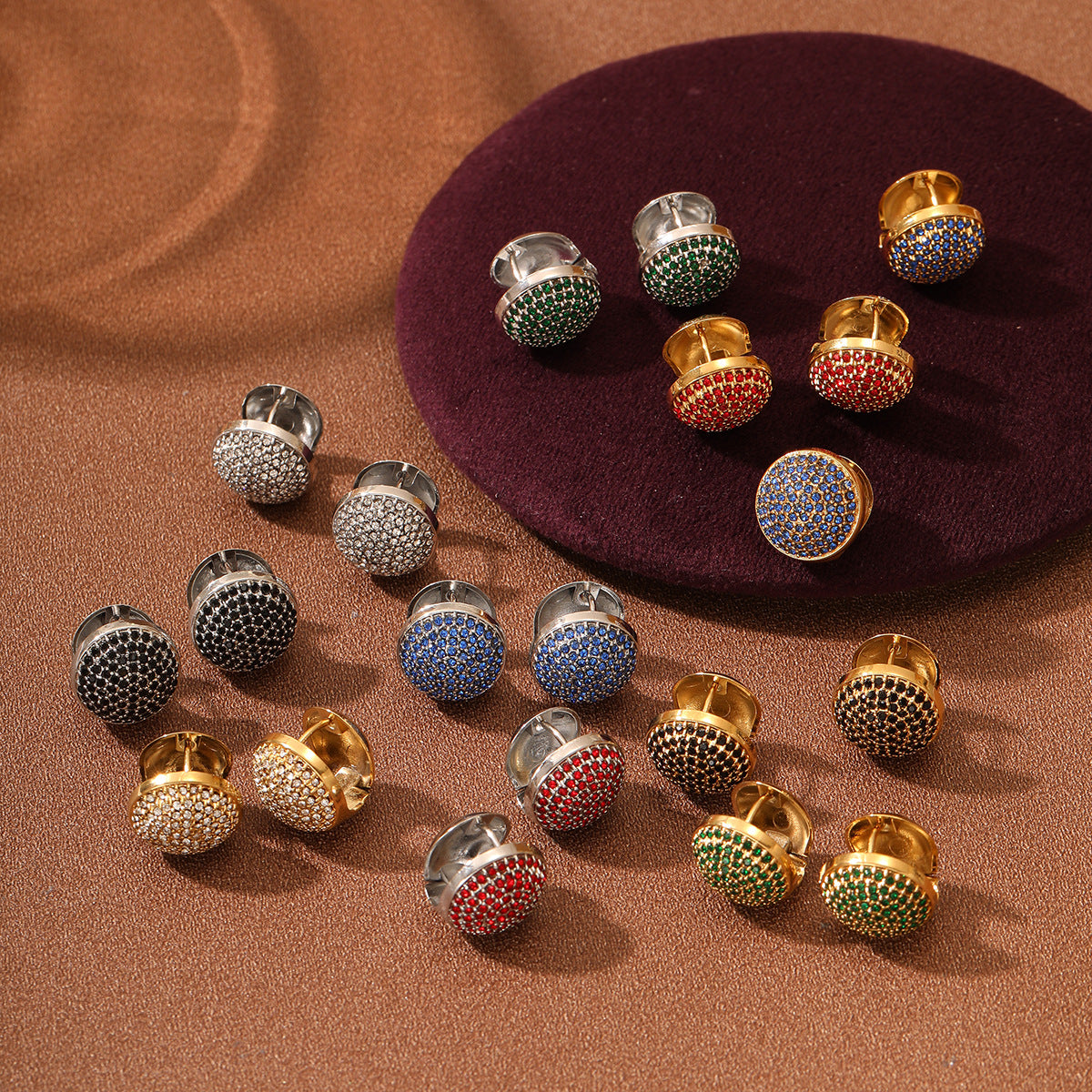 Pendientes de botón redondos geométricos de acero inoxidable con estilo francés vintage y acabado chapado para mujer