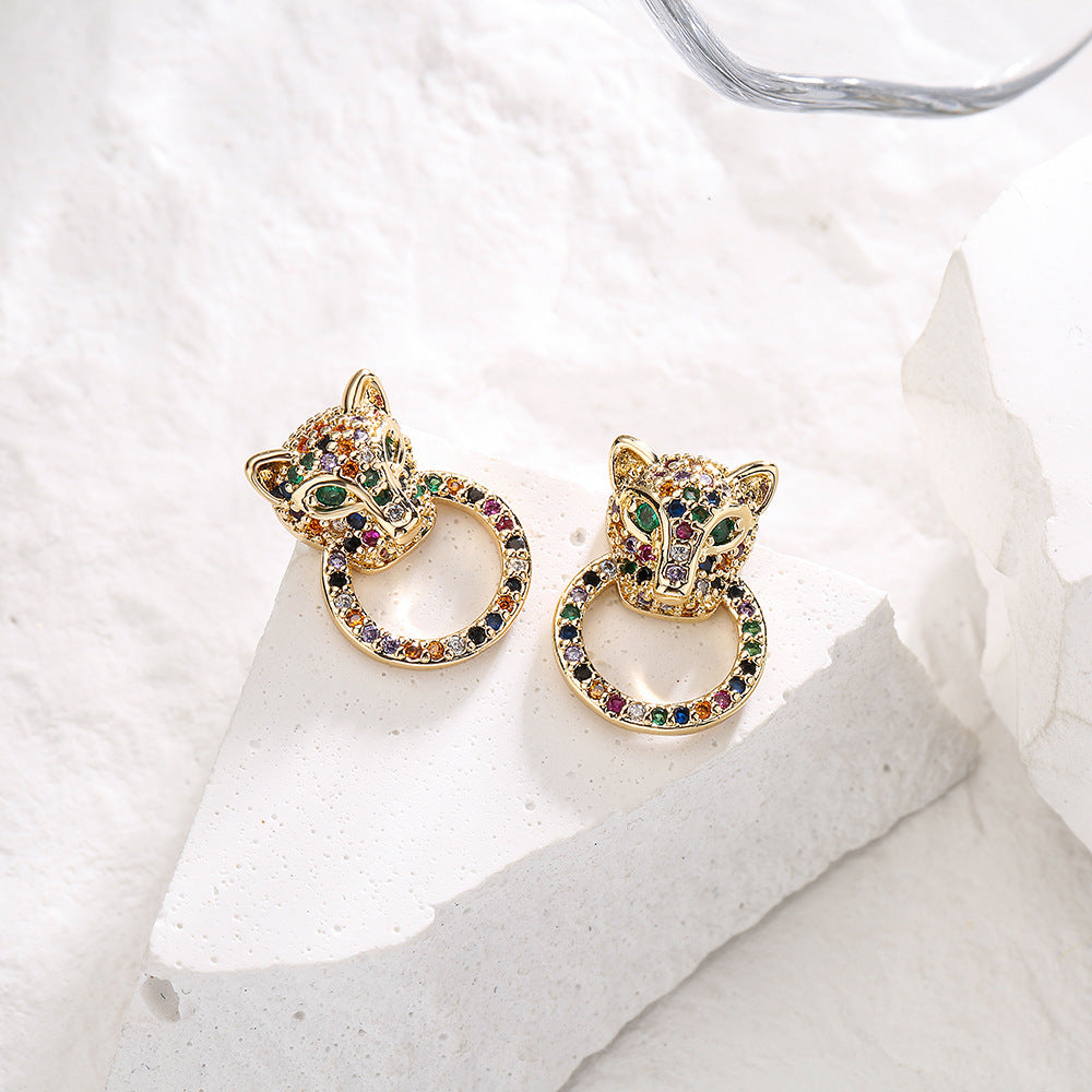 Geometric Style Copper Stud Earrings with 18K Gold Plating and Multicolor Zircon Accents