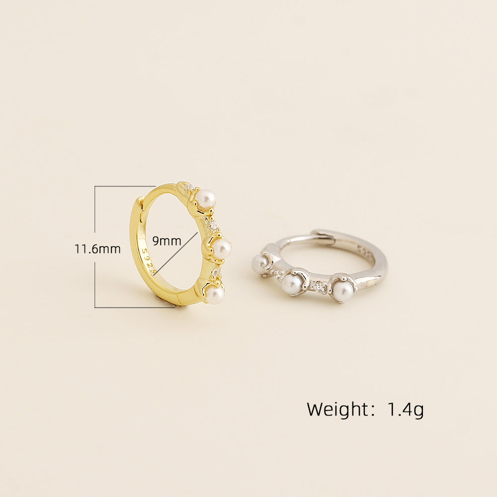 Elegantes pendientes de perlas y diamantes de imitación geométricos de plata de ley 925 con acabado chapado para mujer