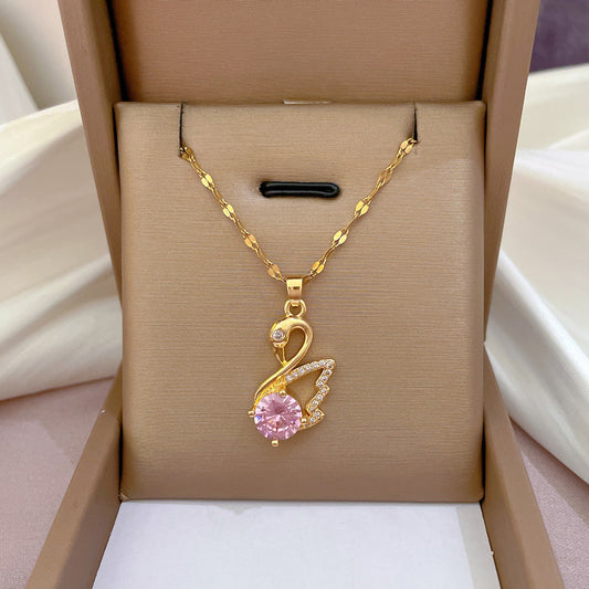 Cartoon Style Swan Pendant Necklace for Women in Titanium Steel with Gold Plating and Micro-Pavé Zirconia on Lip Chain