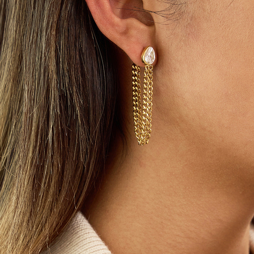 Pendientes de Acero Inoxidable Geométricos con Colgante de Borla e Incrustaciones de Circonita, Chapado en Oro al Vacío PVD, Joyería de Oreja de Moda de Lujo Ligera para Mujer