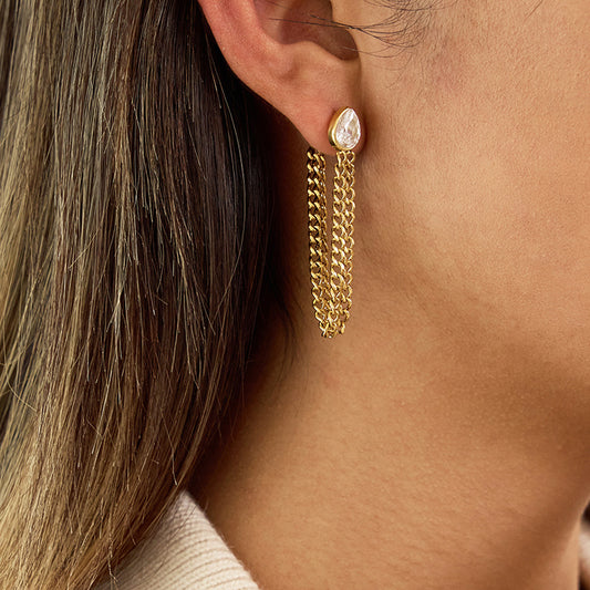 Geometric Stainless Steel Earrings with Tassel Pendant and Zircon Inlay, PVD Vacuum Gold Plated, Lightweight Luxury Fashion Ear Jewelry for Women