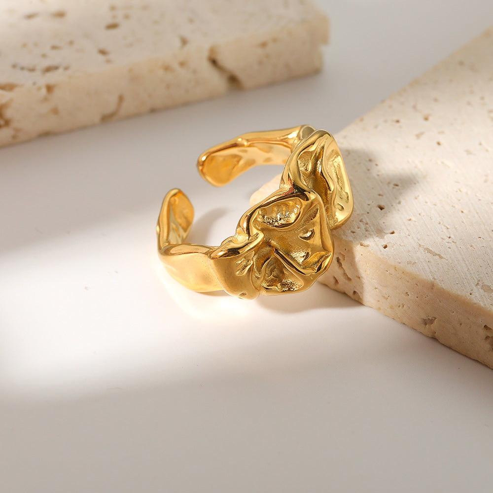 Minimalist Lava-Inspired Geometric Titanium Steel Open Ring with 18K Vacuum Plating for Unisex Wear