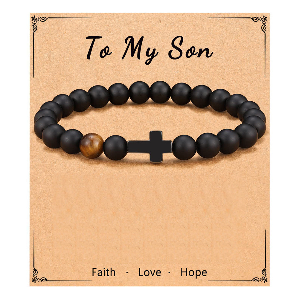 Matte Natural Black Agate and Yellow Tiger Eye Cross Bracelet Unisex 8mm Beaded Hand Chain
